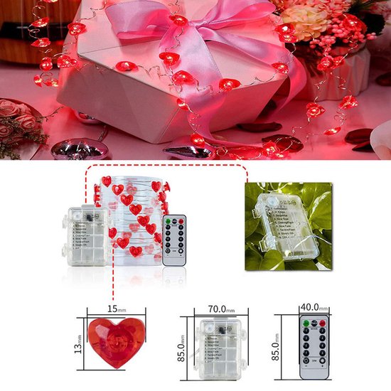 Valentijnsdag decoratie -Rood Hart Liefde Licht Snoer- Fairy Lights-2 Meter 20 Lichten met Afstandsbediening