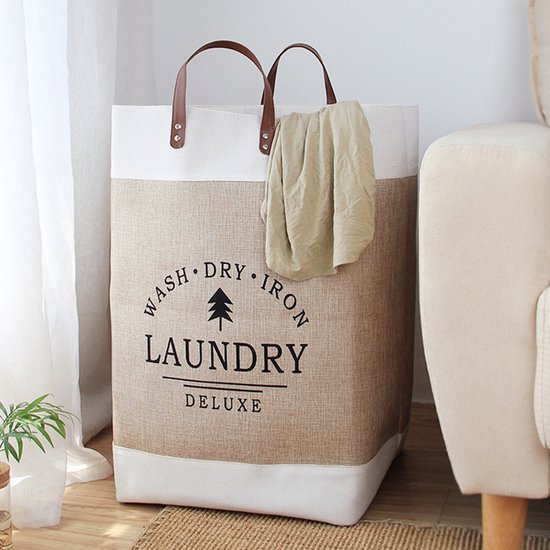 Bedrukte wasmand katoen-linnen 40x30x55 cm, opvouwbaar beige