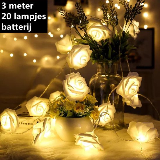 rozenbloem LED-decoratielampenslinger- Romantische Sfeerverlichting-werkt op batterij-3 meter, 20 LED lampjes-wit