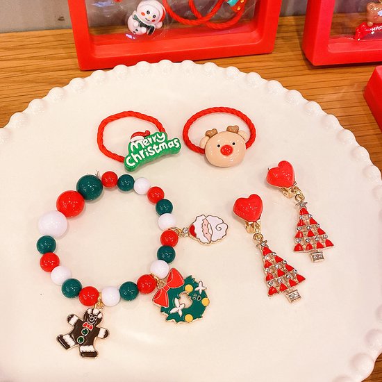 Feestelijke Kerstsieradenset voor Kinderen – Handgemaakt, Uniek en Betoverend – Inclusief Kralenarmband, Haarbanden en Oorbellen – Perfect Cadeau accessoire