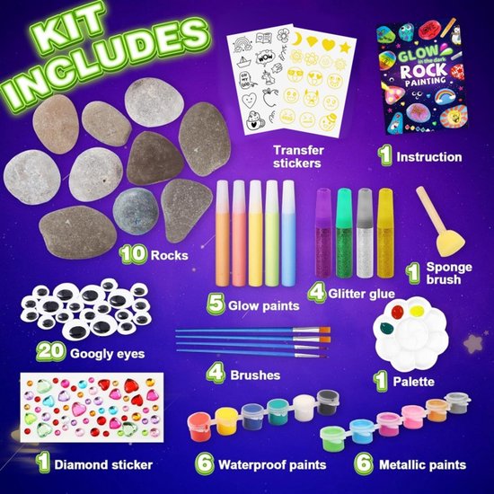 Glow in the Dark Stenen Verf Set – Rock Painting Kit voor Kinderen – Creatieve Hobbyset met Glow Verf, Stickers & Accessoires – Vanaf 7 Jaar
