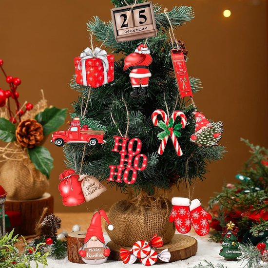24-delige Rode Houten Kerstdecoratieset – Klassieke Kersthangers voor een Warme en Sfeervolle Kerst