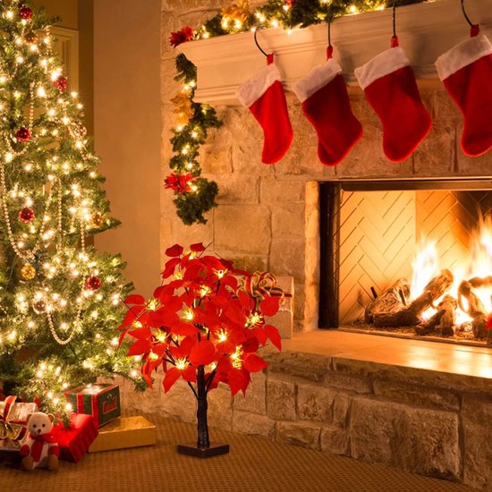 LED Lichtboom met Rode Poinsettia Bladeren - Warme Witte Verlichting - Energiezuinig en Duurzaam Design-58 cm Hoog