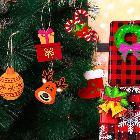 2 set van 12-delige Houten Kersthangers – Snoeptrein & Snoephuisjes in Kleurrijk Design-Unieke Hangdecoratie voor Kerstboom en Cadeaus