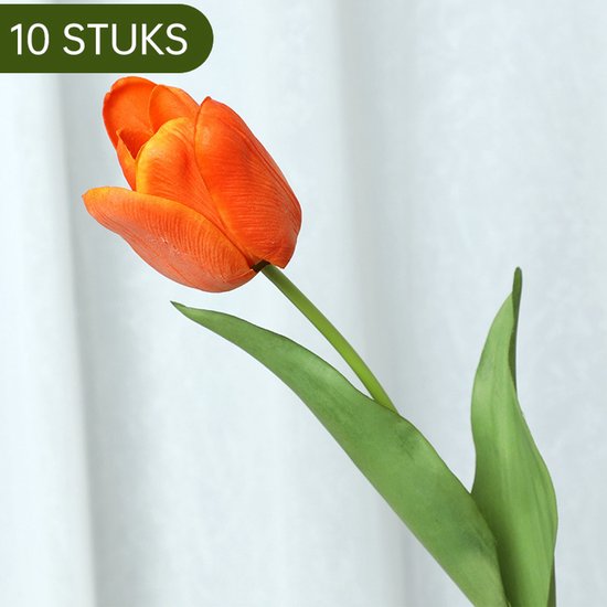 10 stuks Realistische Kunsttulpen Oranje & Rood Duurzaam