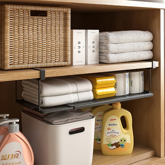 Uittrekbaar en Ophangbaar Metalen Opbergrek - Verstelbare Lengte 38 cm tot 70 cm - Perfect voor Keuken, Badkamer ,Kledingkasten Schoenenkast-zwart