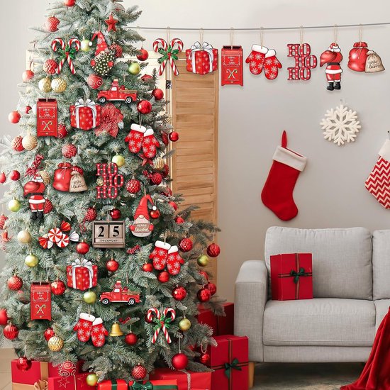 24-delige Rode Houten Kerstdecoratieset – Klassieke Kersthangers voor een Warme en Sfeervolle Kerst
