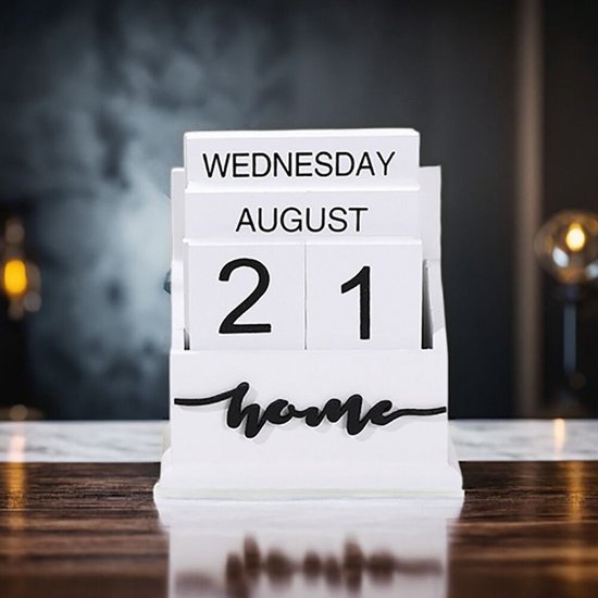 Houten Eeuwigdurende Kalender 'Home' – Handmatige Datum, Wit