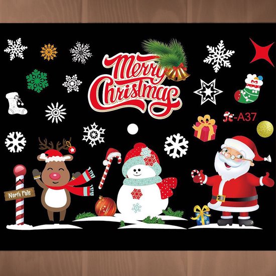 Kerst Raamstickers met Kerstman ,sneeuwvlokken en cadeautjes- Herbruikbaar & Statisch Hechtend - 50x35.5 cm