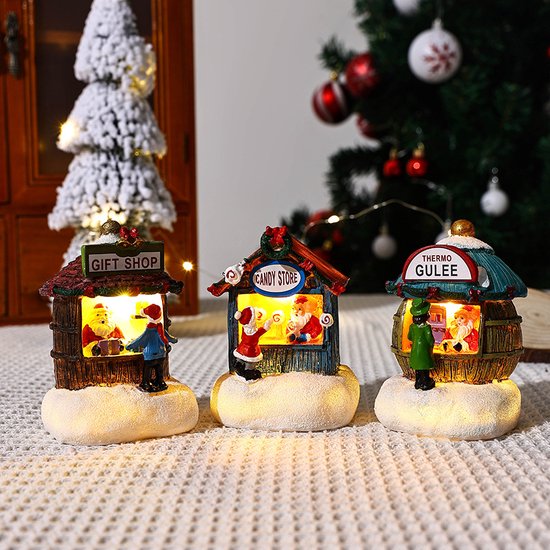 6 stuks Mini Kerstdorp met LED-verlichting – Cadeauwinkel, Snoepwinkel & Thermo Gulee-betoverende kerstsfeer