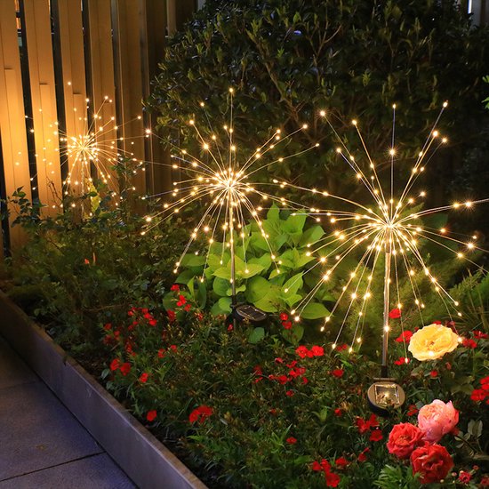 2 stuks solar vuurwerklampen met 120LED lichtjes -Tuinverlichting- IP65- 8 Modi-warm wit licht