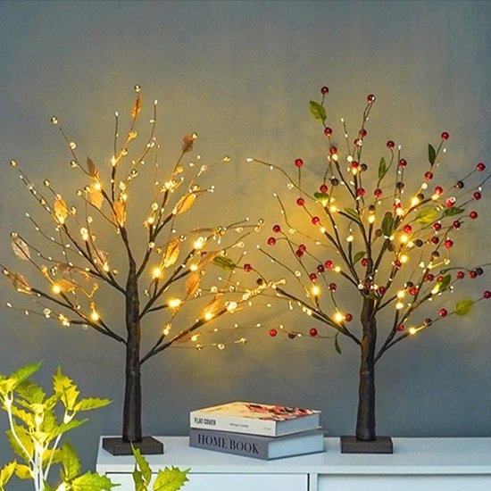 Kunstmatige Rode Fruitboom Lamp - Flexibele LED Verlichting - Sfeerlicht voor Woonkamer en Slaapkamer - Batterijbediening - 33cm x 54cm x 10cm