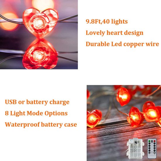 Xtraworks -Valentijnsdag decoratie -Rood Hart Liefde Licht Snoer- Fairy Lights-2 Meter 20 Lichten met Afstandsbediening