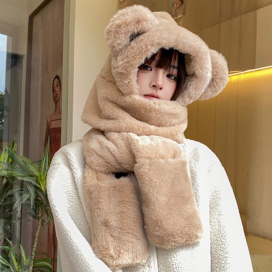 3-in-1 Warme Winterset – Pluche Muts met Schattige Oortjes, Sjaal en Wanten – Khaki