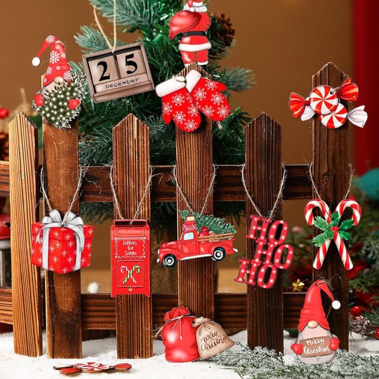 24-delige Rode Houten Kerstdecoratieset – Klassieke Kersthangers voor een Warme en Sfeervolle Kerst