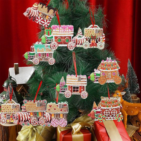24-delige Set Houten Kersthangers – Snoeptrein Decoraties voor Kerstboom-Unieke Hangdecoratie voor Kerstboom en Cadeaus