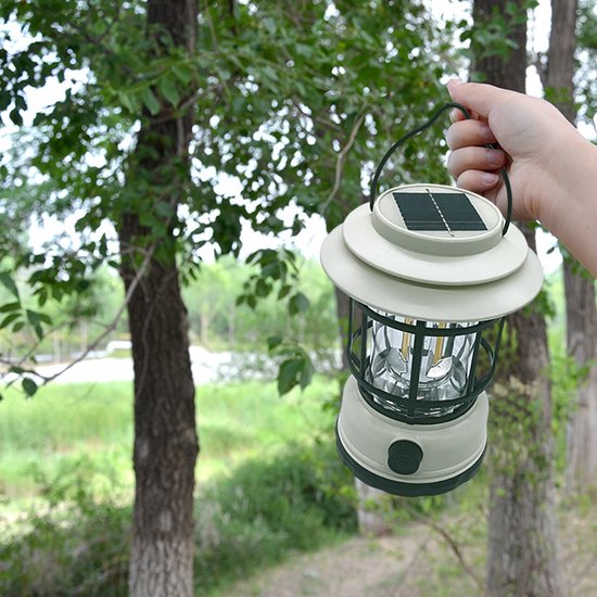 Multifunctionele Compacte Kampeerlamp met Powerbank - Duurzaam, Dimbaar & Waterdicht - USB/Zonne-Energie Opladen - Ideaal voor Outdoor & Tuin-Crème