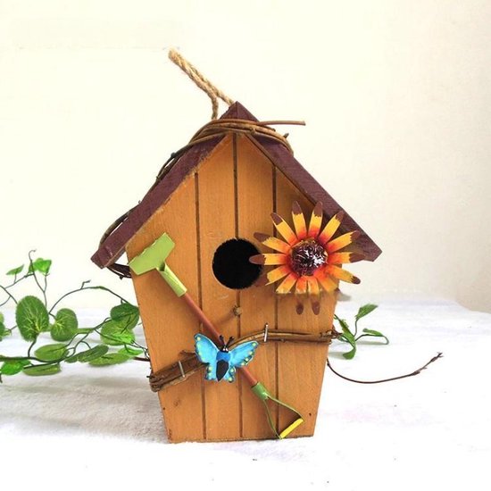 Houten Vogelhuisje met Bloem en Vlinder – Tuindecoratie