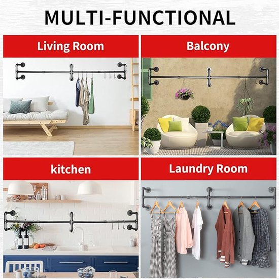 Wandgemonteerde matzwarte metalen kledingstang 180 cm 50 kg