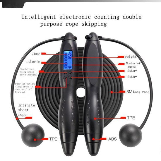 Complete Digitale Springtouw | Verstelbaar incl. verzwaarde TPE ballen | Digitaal | Automatisch Elektronisch Teller | Springtouw voor Bokstraining - Workout - Fitness – Gewichtsverlies | Indoor en Outdoor | Zwart