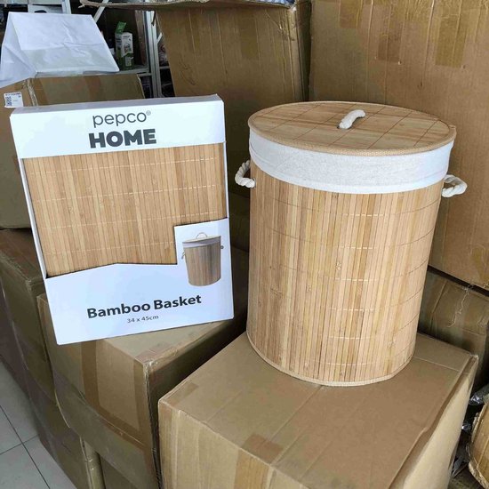 Pepco Bamboe Wasmand met Deksel – 40 Liter – Ronde Wasgoedmand met Uitneembare Waszak en Handgrepen – 34 x 45 cm – Naturel