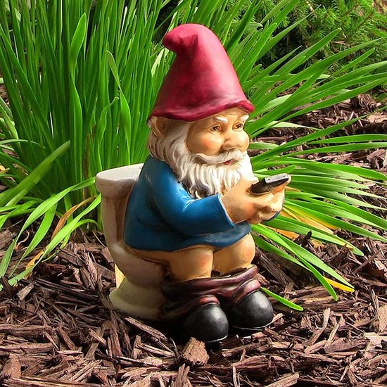 Grappige Kabouter Tuinornamenten-Kabouter op het Toilet met Mobiele Telefoon 5*7*12,5cm