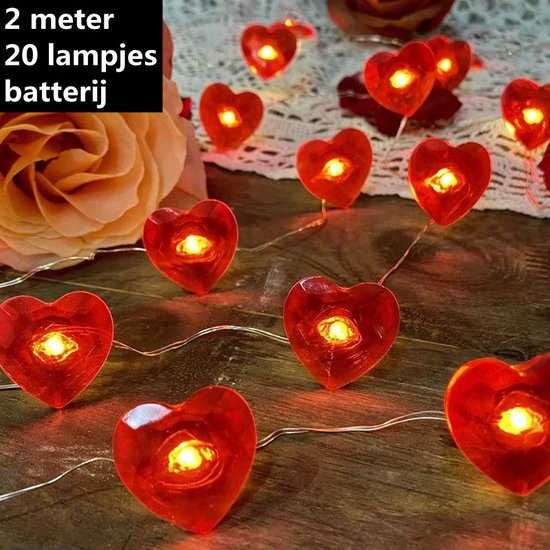 Valentijnsdag decoratie -Rood Hart Liefde Licht Snoer- Fairy Lights-2 Meter 20 Lichten met Afstandsbediening