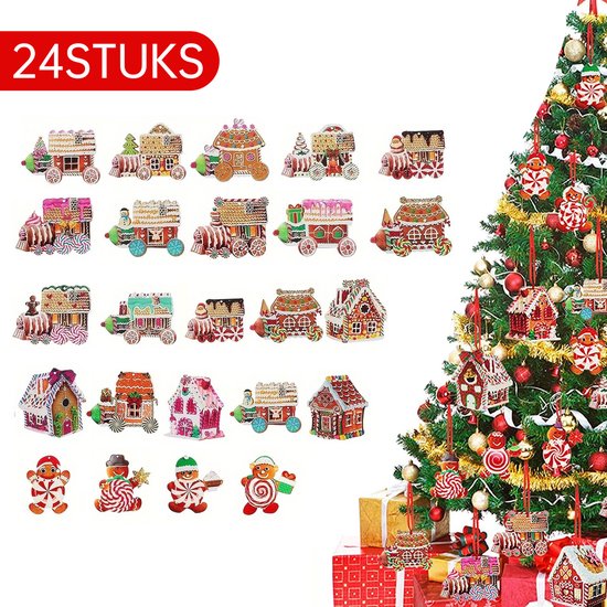 24-delige Set Houten Kersthangers – Snoeptrein Decoraties voor Kerstboom-Unieke Hangdecoratie voor Kerstboom en Cadeaus