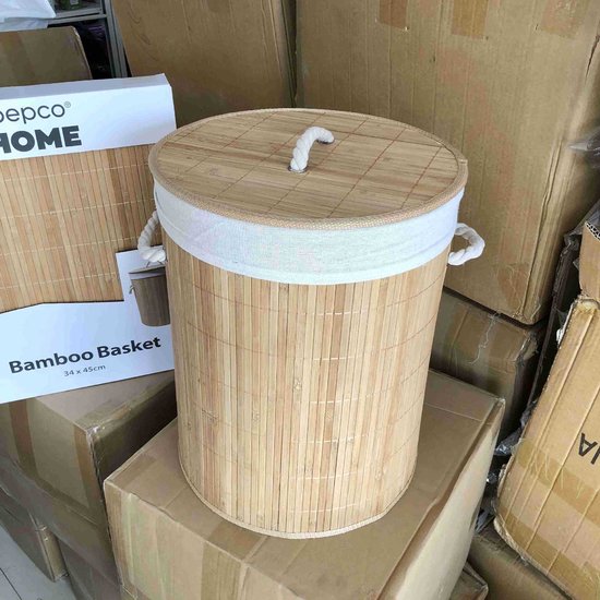 Pepco Bamboe Wasmand met Deksel – 40 Liter – Ronde Wasgoedmand met Uitneembare Waszak en Handgrepen – 34 x 45 cm – Naturel