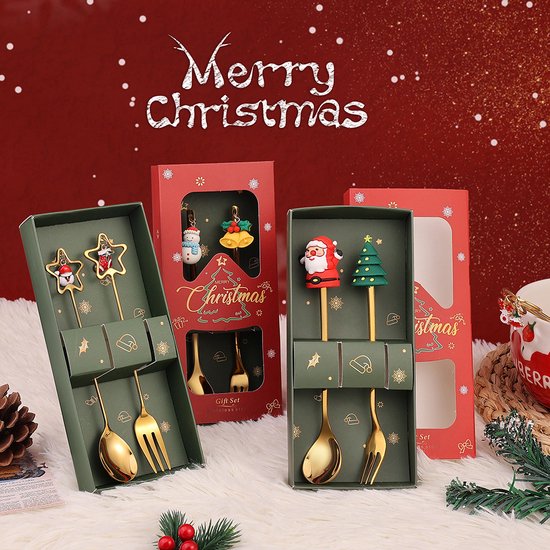 4 delige (8 stuks) Luxe Kerst Bestekset – Theelepels & Vorken met Unieke Kerstfiguren – Feestelijk Cadeau-goud