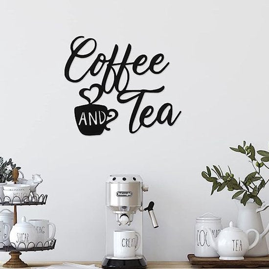 "COFFEE AND TEA" Luxe Metalen Wandbord- Artistiek Koffiekop Ontwerp wanddecoratie voor Keuken & Eetkamer - Duurzaam IJzeren Kunstwerk-zwart