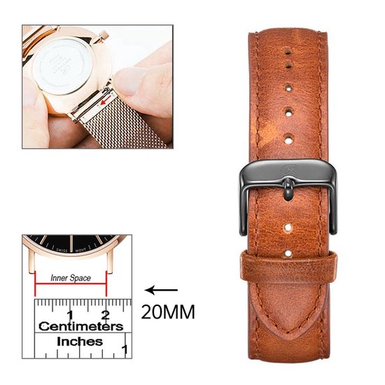 20mm-Universele Leren Band licht bruin- Quick Release - Past op Alle Merken met 20mm Aanzetmaat