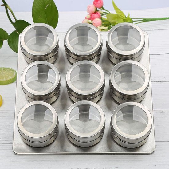 Roestvrijstale Magnetisch Kruidenrek met 9 kruidenpotjes-kruiden en specerijen rek -silver