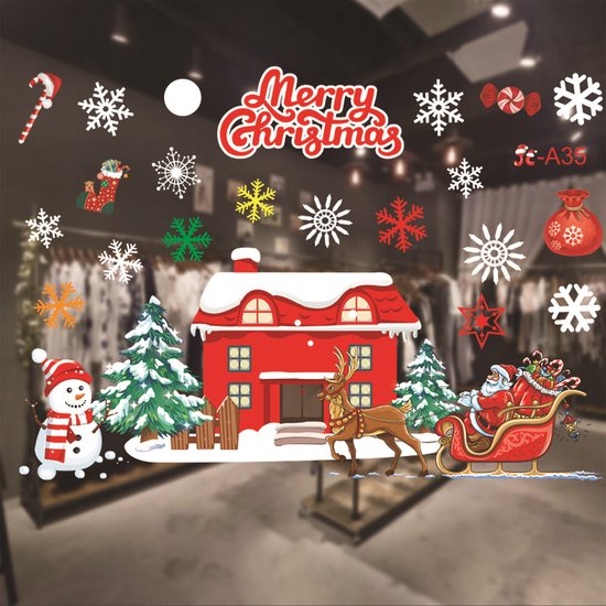 Kerst Raamstickers met Kerstman ,kerstbomen en sneeuwpop - Herbruikbaar & Statisch Hechtend - 50x35.5 cm