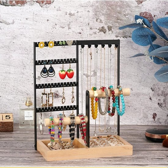 Hoogwaardig Sieradennrek met 48 Oorgaatjes, 6 Haakjes voor Ketting, 2 Armbandstandaards en een Handig Ringenvak - Stijlvolle Opbergruimte voor Elke Sieradencollectie