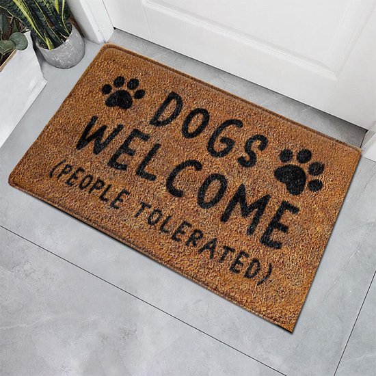 Humoristische en Absorberende Deurmat voor Hondenliefhebbers -"DOGS WELCOME (PEOPLE TOLERATED)"- schoonloopmat 48*81cm