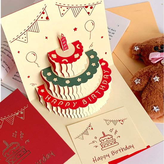 Unikorf 3D pop-up verjaardagskaart: taart&opname 14.4x14.4cm