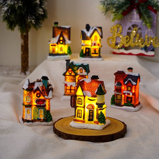 6 stuks Verlichte Kersthuisjes – Sfeervolle Miniaturen met LED-Verlichting-Warme Sfeerdecoratie voor de Feestdagen