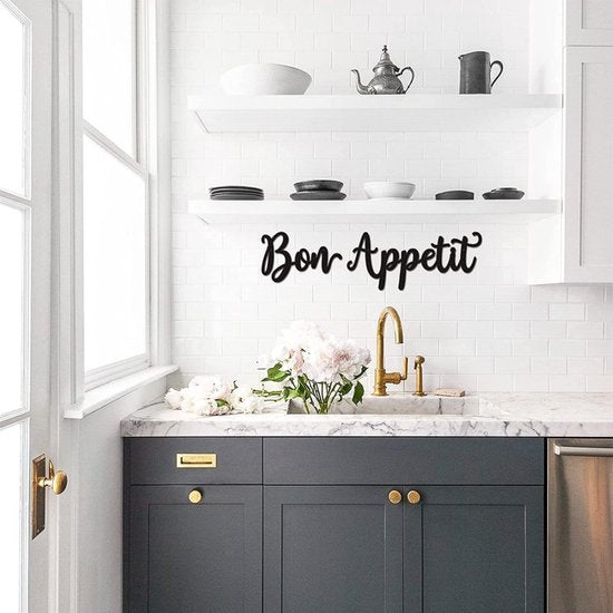 bon appetit 3D wandbord- muurdecoratie-Line art -metaal-zwart 36x15CM