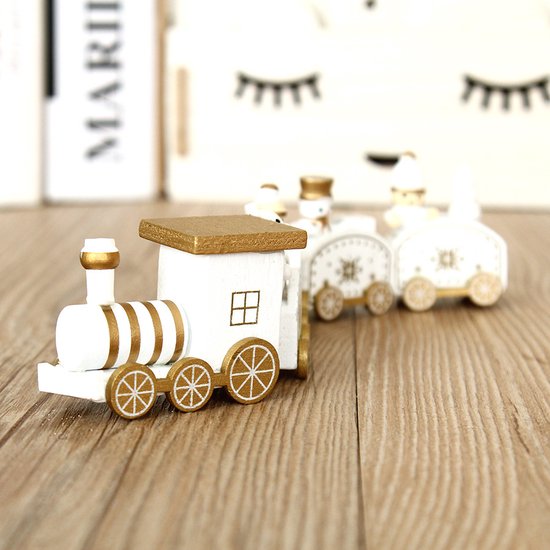 Luxe Houten Kersttrein - Nostalgische Kerstdecoratie - Gouden Accenten voor een Warme Feestsfeer - Wit/Goud