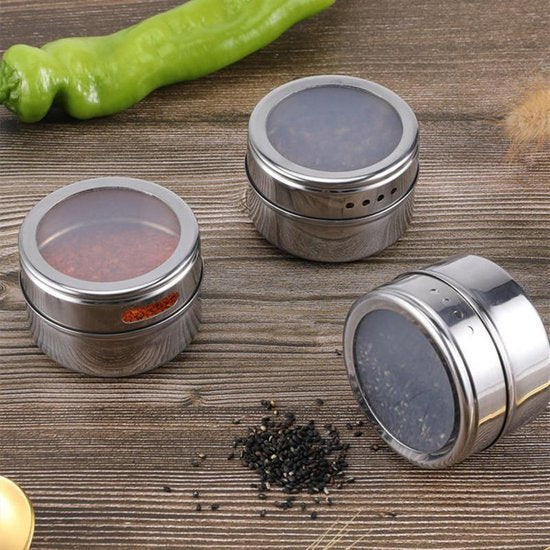 Roestvrijstalen Magnetisch Kruidenrek met 9 Potjes - Zilver