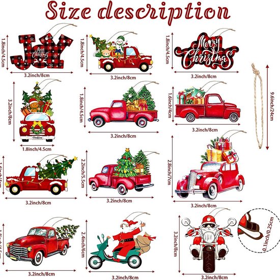 24-delige Houten Kerstdecoratieset - Nostalgische Rode Vrachtwagens met Feestelijke Details-Unieke Hangdecoratie voor Kerstboom en Cadeaus