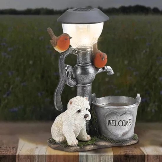 Solar Tuinlamp met Welkomsemmer en Hond - Sfeervolle Tuindecoratie op Zonne-Energie- 8.5*7*12.5cm