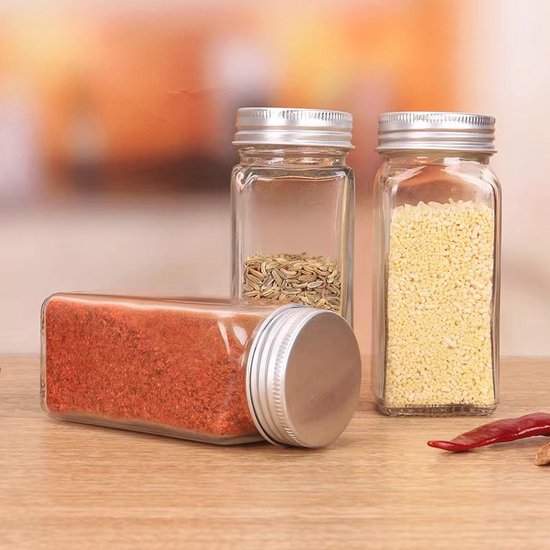 12-delige Glazen Kruidenpotten Set met Aluminium Deksel -Inhoud 120 ml - Inclusief Handige Accessoires