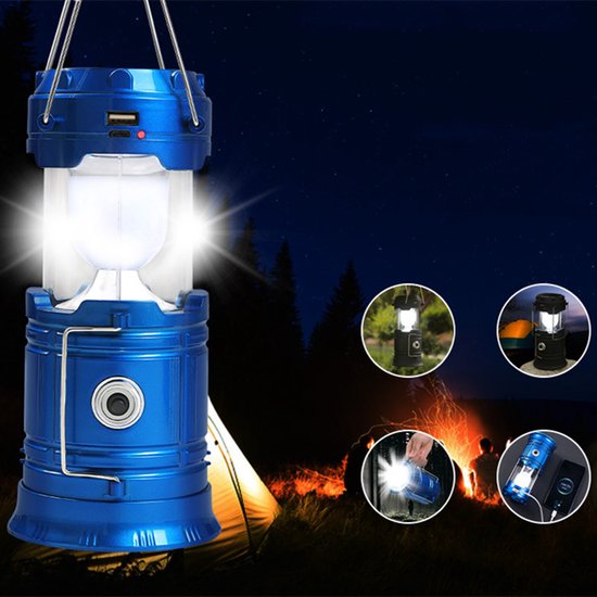 Multifunctionele Solar LED Campinglamp met Handvatten - IP10 - USB-lader en Powerbank-blauw
