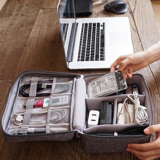 TDR - Kabel Tasorganizer -  Reis / Travel Organizer - voor datakabels, koptelefoon, oplader, etc - 25x19x10cm - Veel vakjes - Gadget - Grijs