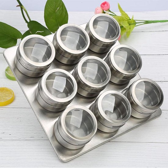 Roestvrijstalen Magnetisch Kruidenrek met 9 Potjes - Zilver