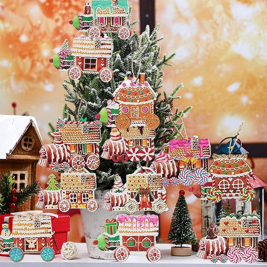 24-delige Set Houten Kersthangers – Snoeptrein Decoraties voor Kerstboom-Unieke Hangdecoratie voor Kerstboom en Cadeaus