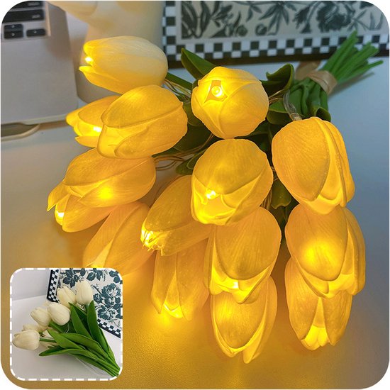 Bosje 10 witte LED Kunsttulpen op batterij - Moederdag