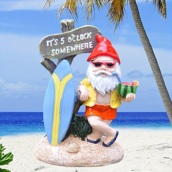 Grappige Relaxte Kabouter met Surfplank - Kleurrijke en Weerbestendige Tuinornament - Vrolijke Tuindecoratie